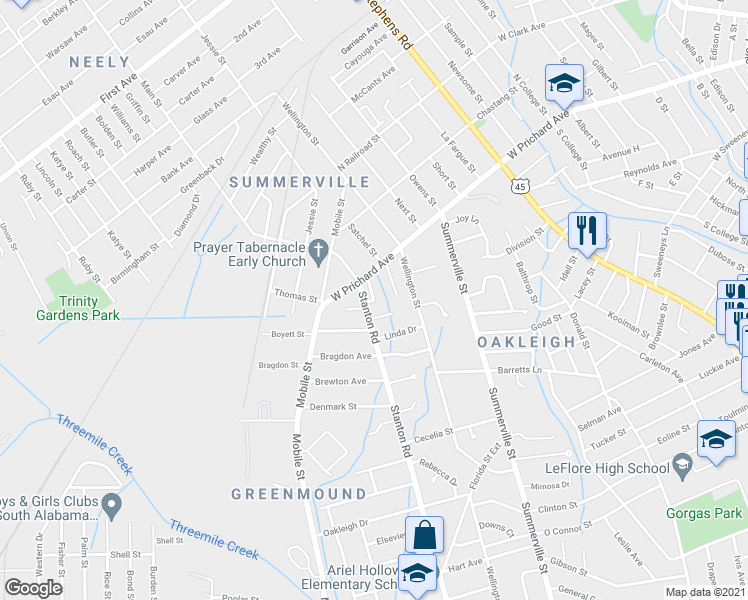 map of restaurants, bars, coffee shops, grocery stores, and more near 1000 Etta Avenue in Mobile