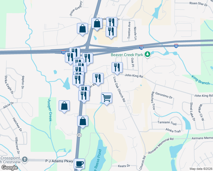 map of restaurants, bars, coffee shops, grocery stores, and more near 201 Southgate Drive in Crestview