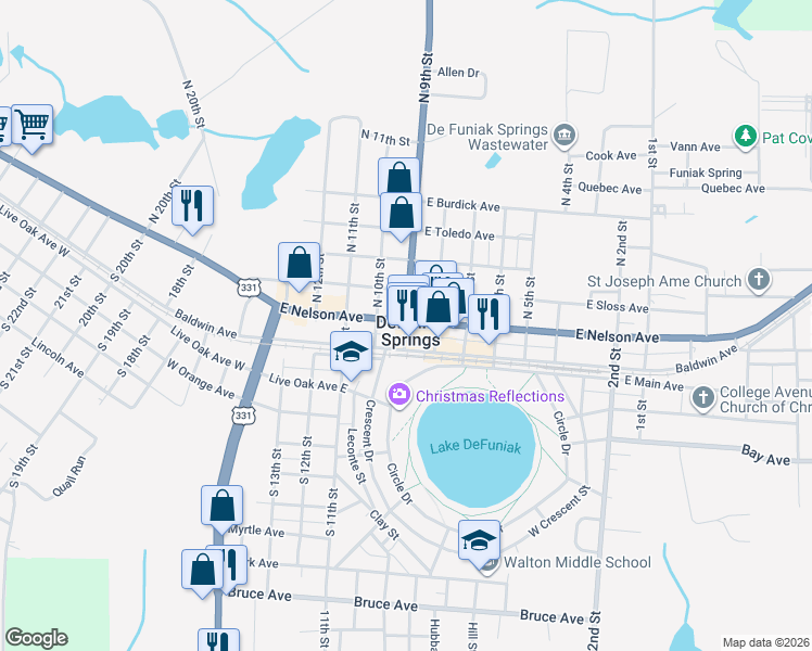 map of restaurants, bars, coffee shops, grocery stores, and more near Highway 83 in DeFuniak Springs