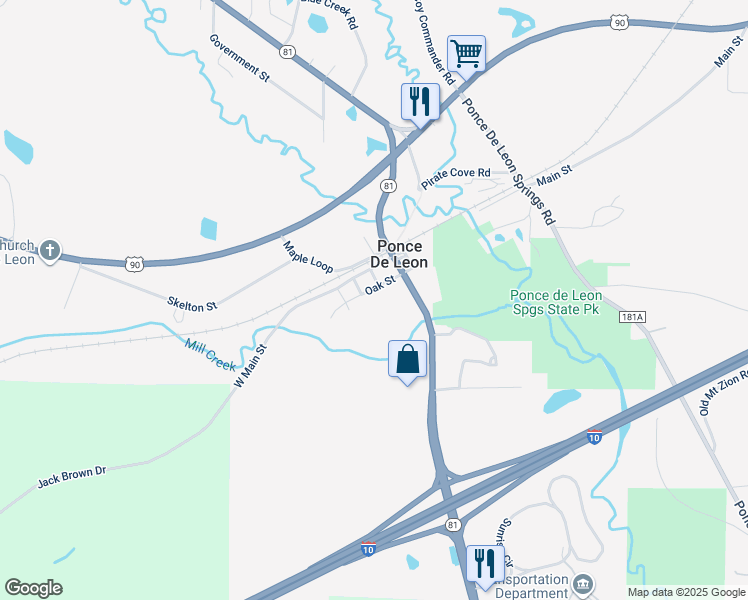 map of restaurants, bars, coffee shops, grocery stores, and more near 1564 Oak Street in Ponce de Leon