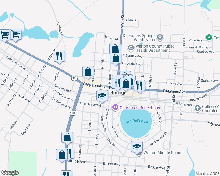 map of restaurants, bars, coffee shops, grocery stores, and more near 256 U.S. 90 in DeFuniak Springs