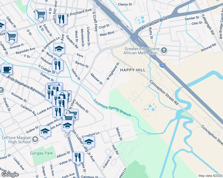 map of restaurants, bars, coffee shops, grocery stores, and more near 2 Chinaberry Lane in Mobile