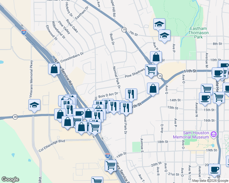 map of restaurants, bars, coffee shops, grocery stores, and more near 2611 Chimney Rock Road in Huntsville