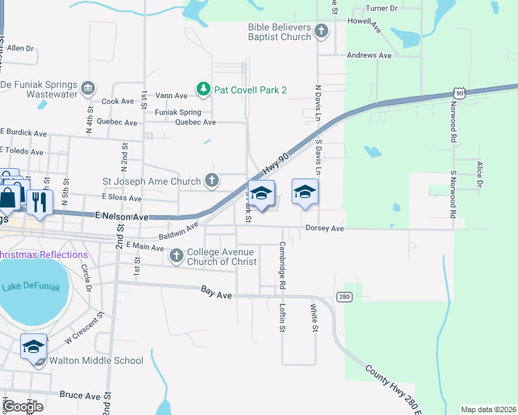 map of restaurants, bars, coffee shops, grocery stores, and more near 41 Thomas Avenue in DeFuniak Springs