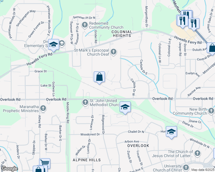 map of restaurants, bars, coffee shops, grocery stores, and more near 6036 Scottsdale Court in Mobile