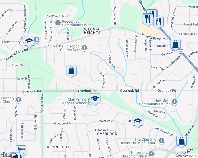 map of restaurants, bars, coffee shops, grocery stores, and more near 5962 Scottsdale Drive in Mobile