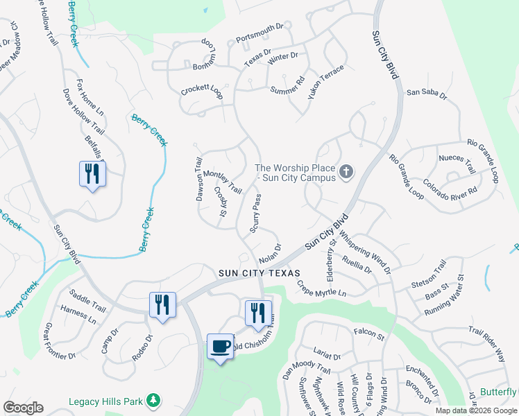 map of restaurants, bars, coffee shops, grocery stores, and more near 212 Scurry Pass in Georgetown