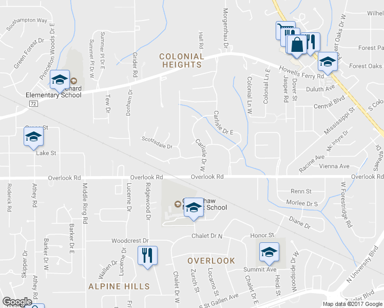 map of restaurants, bars, coffee shops, grocery stores, and more near 5962 Scottsdale Drive in Mobile
