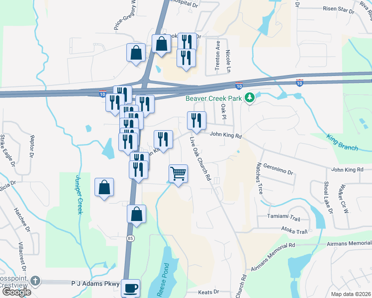 map of restaurants, bars, coffee shops, grocery stores, and more near 202 Southgate Dr in Crestview