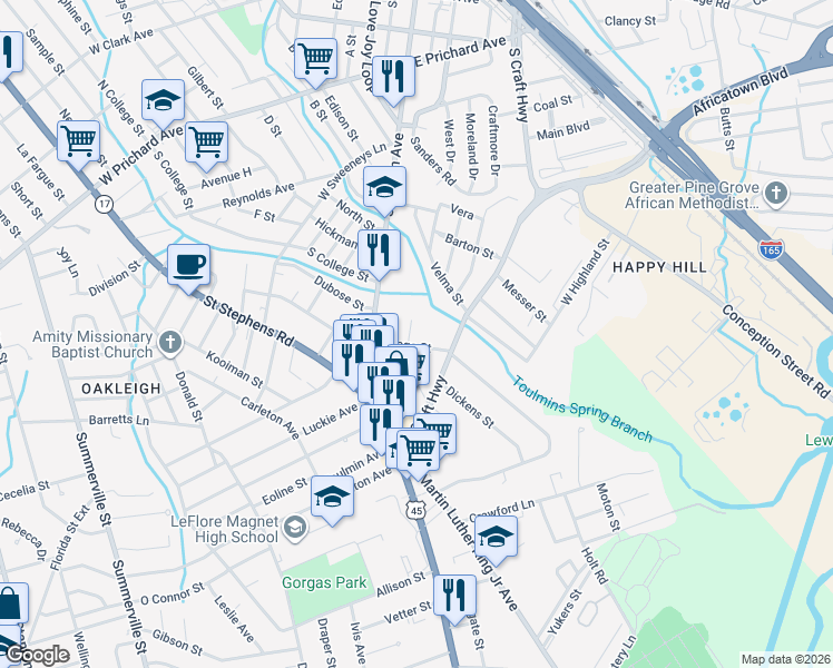 map of restaurants, bars, coffee shops, grocery stores, and more near 2354 Osage Street in Mobile
