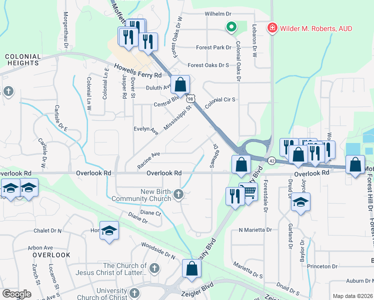 map of restaurants, bars, coffee shops, grocery stores, and more near 5456 Racine Avenue in Mobile