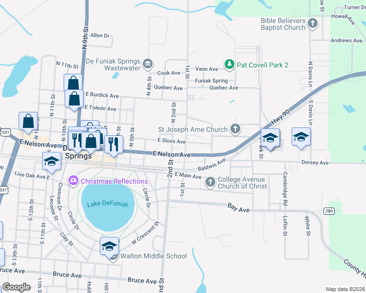 map of restaurants, bars, coffee shops, grocery stores, and more near 43 North 1st Street in DeFuniak Springs
