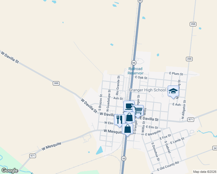 map of restaurants, bars, coffee shops, grocery stores, and more near 300 E Walnut in Granger