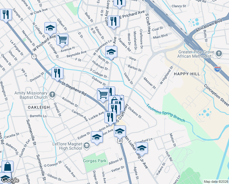map of restaurants, bars, coffee shops, grocery stores, and more near 2354 Osage Street in Mobile