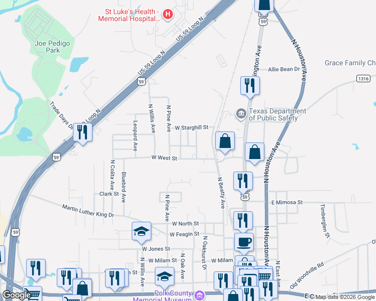 map of restaurants, bars, coffee shops, grocery stores, and more near 508 West West Street in Livingston