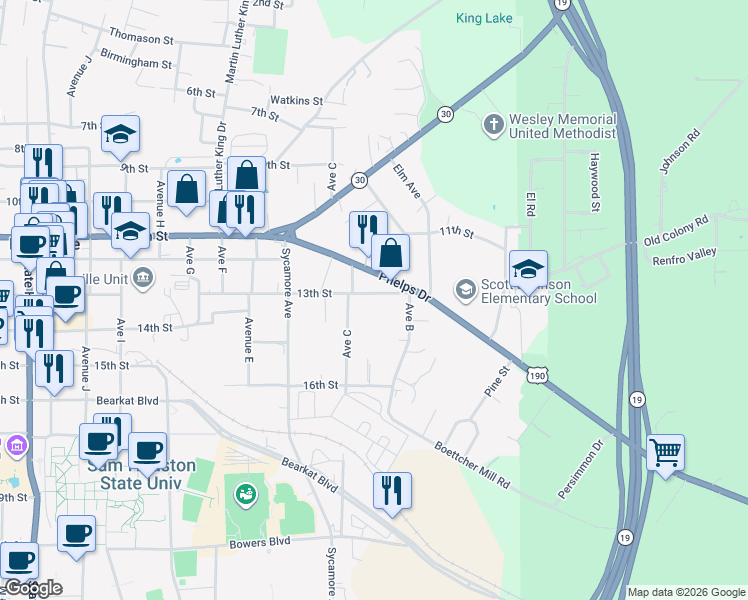 map of restaurants, bars, coffee shops, grocery stores, and more near 217 13th Street in Huntsville