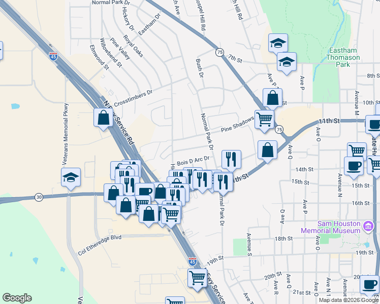 map of restaurants, bars, coffee shops, grocery stores, and more near 2611 Chimney Rock Road in Huntsville