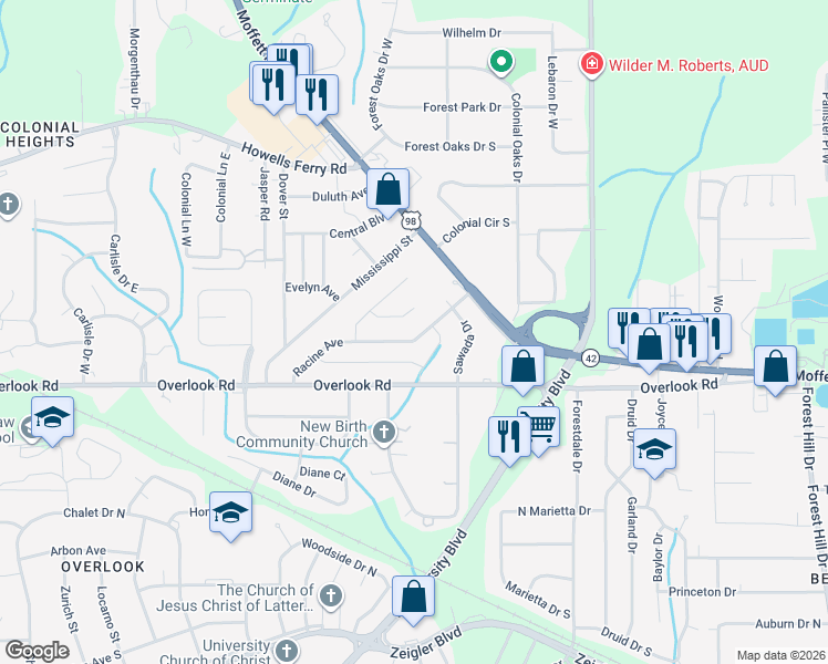 map of restaurants, bars, coffee shops, grocery stores, and more near 5456 Racine Ave in Mobile