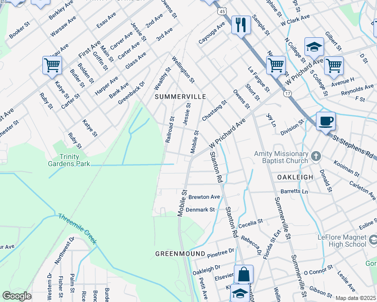 map of restaurants, bars, coffee shops, grocery stores, and more near 1205 Mobile Street in Mobile