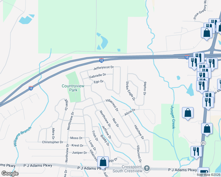 map of restaurants, bars, coffee shops, grocery stores, and more near 1235 Ego Drive in Crestview