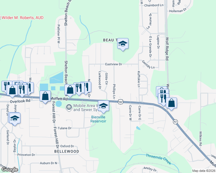 map of restaurants, bars, coffee shops, grocery stores, and more near 1558 Gilda Circle in Mobile