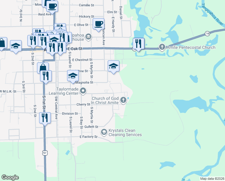 map of restaurants, bars, coffee shops, grocery stores, and more near Horseshoe Road in Amite City