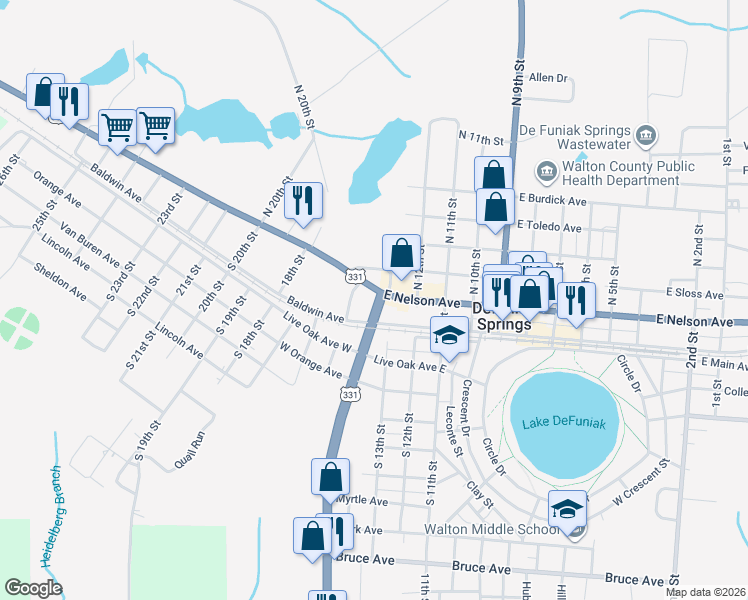 map of restaurants, bars, coffee shops, grocery stores, and more near 5 U.S. 331 in DeFuniak Springs
