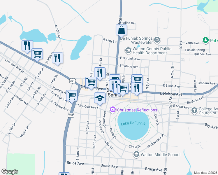 map of restaurants, bars, coffee shops, grocery stores, and more near 256 U.S. 90 in DeFuniak Springs