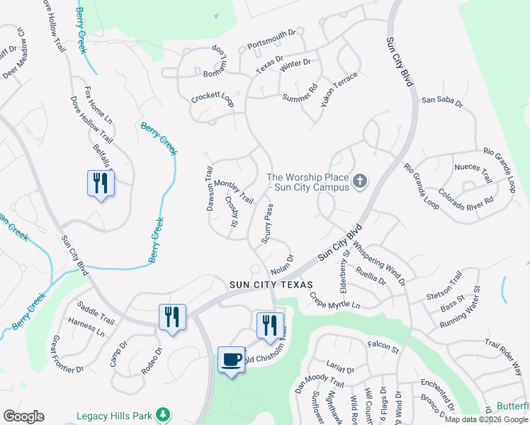 map of restaurants, bars, coffee shops, grocery stores, and more near 212 Scurry Pass in Georgetown