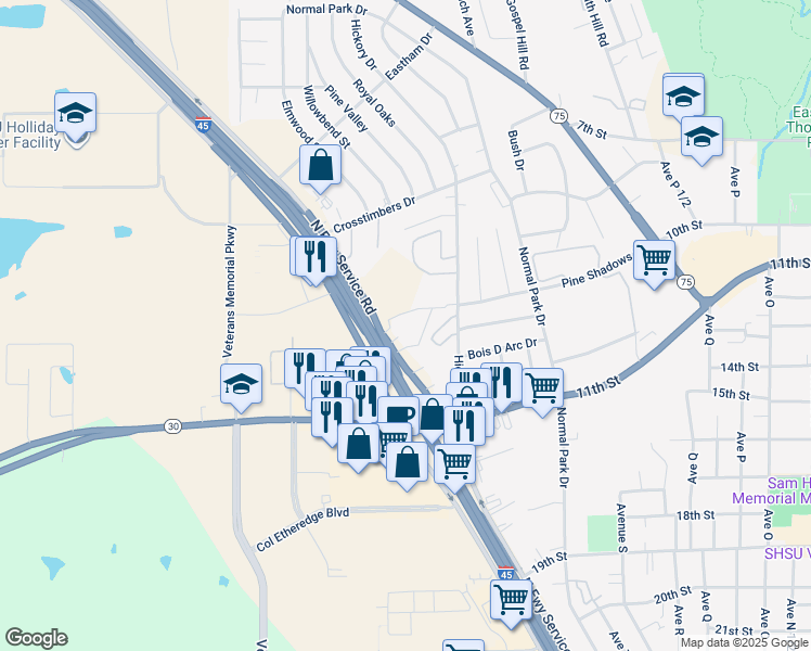 map of restaurants, bars, coffee shops, grocery stores, and more near 144 Interstate 45 in Huntsville