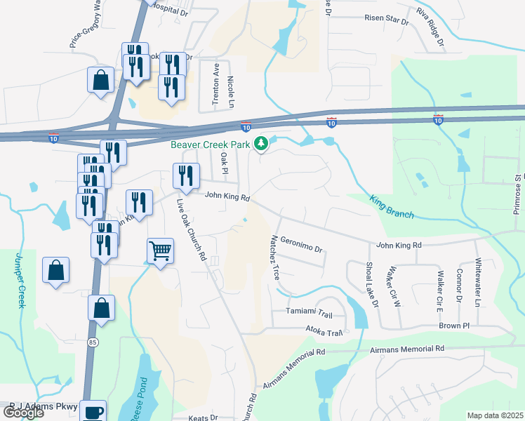 map of restaurants, bars, coffee shops, grocery stores, and more near 301 John King Road in Crestview