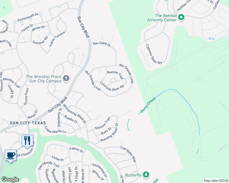 map of restaurants, bars, coffee shops, grocery stores, and more near 314 Colorado River Road in Georgetown