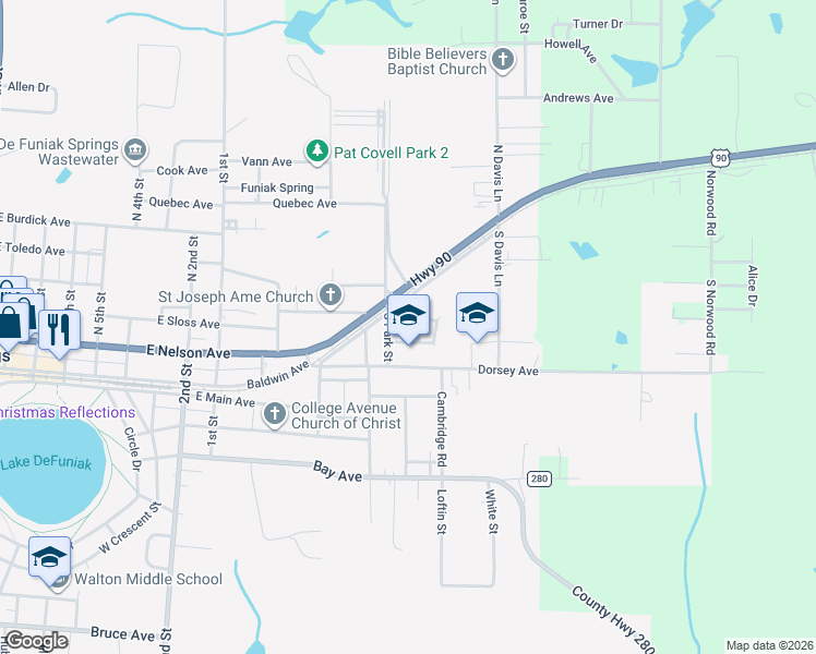 map of restaurants, bars, coffee shops, grocery stores, and more near 41 Thomas Avenue in DeFuniak Springs
