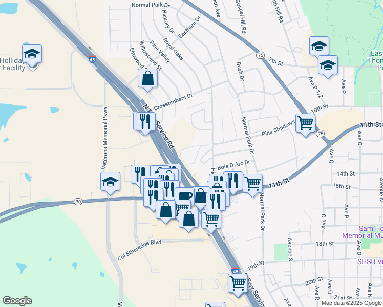 map of restaurants, bars, coffee shops, grocery stores, and more near 144 Interstate 45 in Huntsville