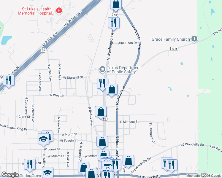 map of restaurants, bars, coffee shops, grocery stores, and more near 105 East West Street in Livingston