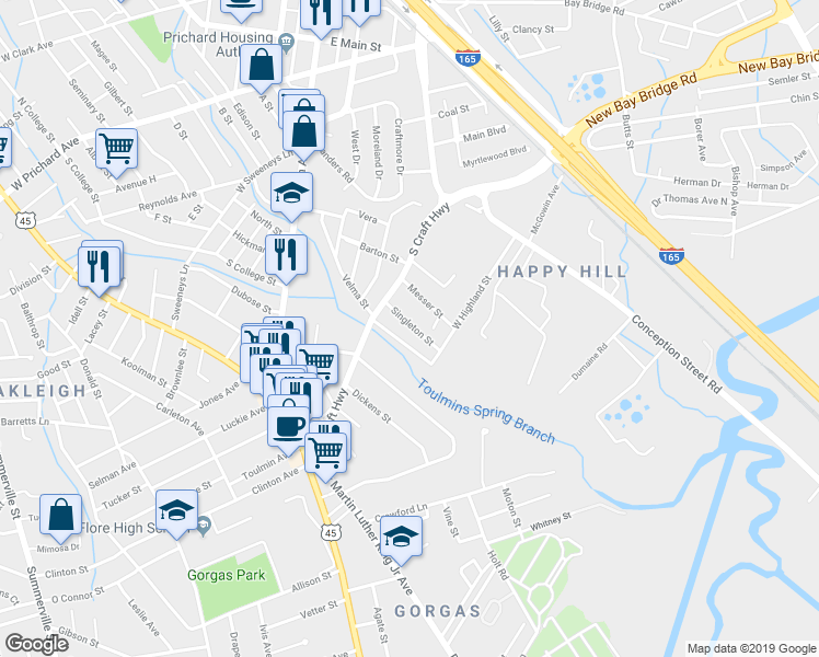map of restaurants, bars, coffee shops, grocery stores, and more near 532 Singleton Street in Prichard