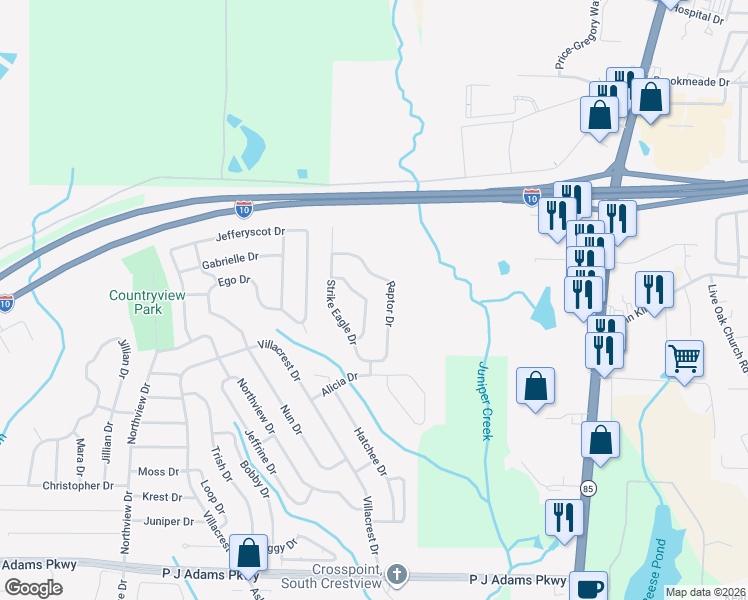 map of restaurants, bars, coffee shops, grocery stores, and more near 314 Sidewinder Loop in Crestview