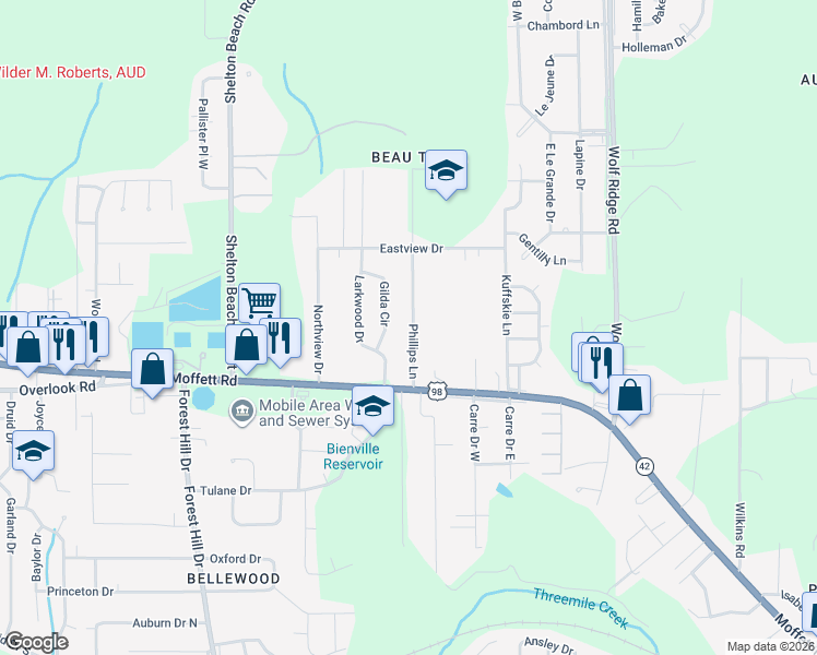 map of restaurants, bars, coffee shops, grocery stores, and more near 1558 Gilda Cir in Mobile