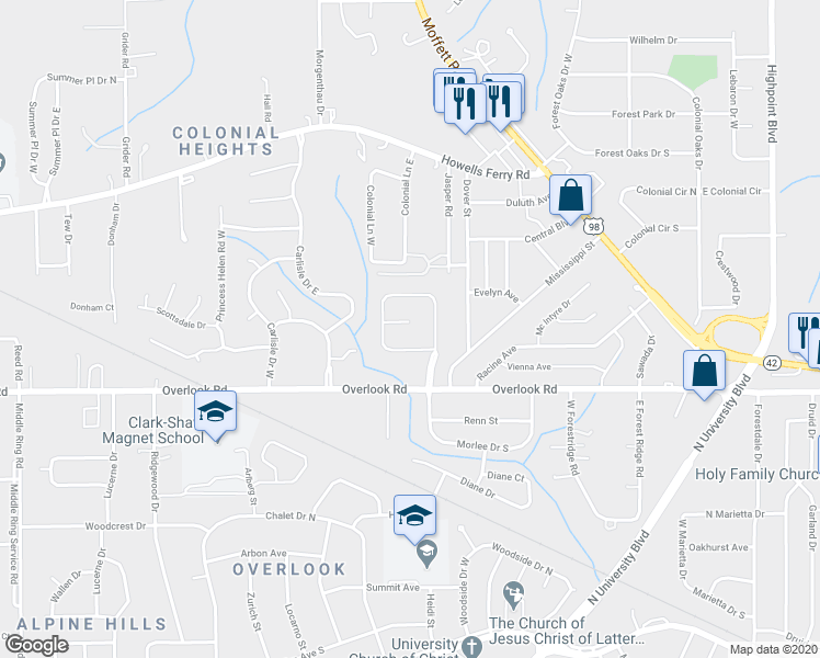 map of restaurants, bars, coffee shops, grocery stores, and more near 5713 Deerwood Court in Mobile