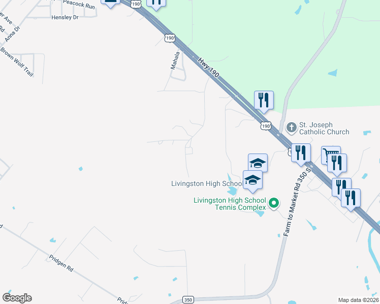 map of restaurants, bars, coffee shops, grocery stores, and more near 545 Jewell Coleman Road in Livingston