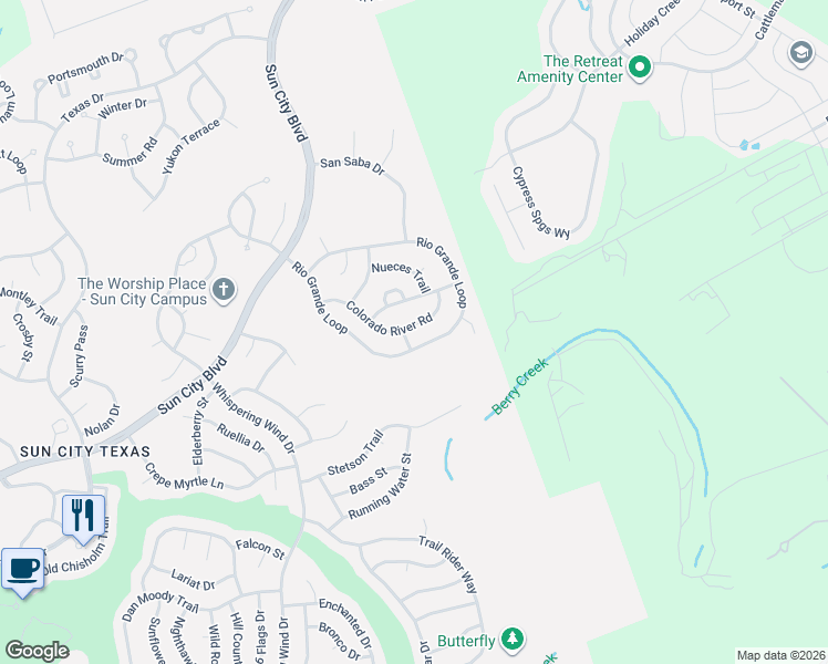 map of restaurants, bars, coffee shops, grocery stores, and more near 402 Colorado River Road in Georgetown