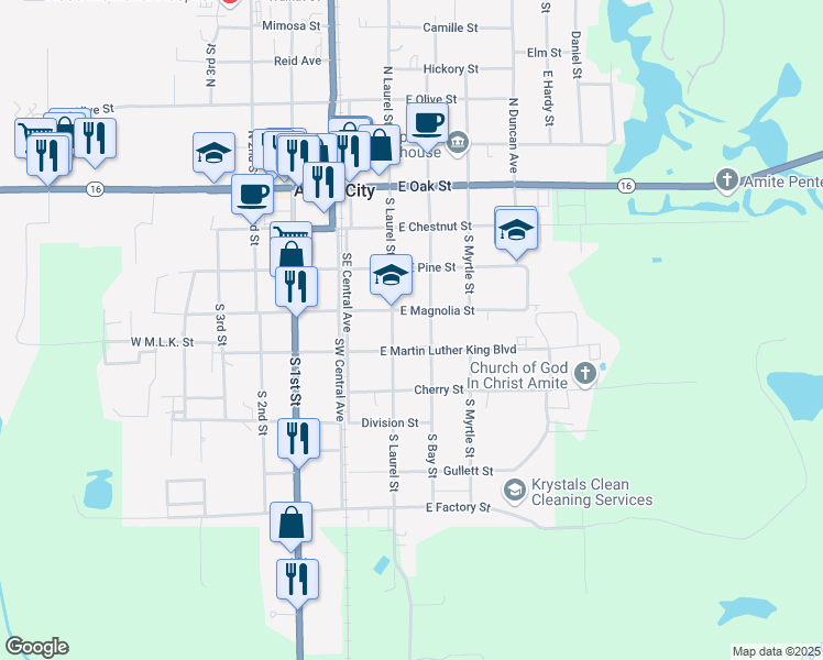 map of restaurants, bars, coffee shops, grocery stores, and more near 403 South Laurel Street in Amite City