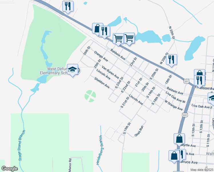 map of restaurants, bars, coffee shops, grocery stores, and more near Sheldon Avenue in DeFuniak Springs