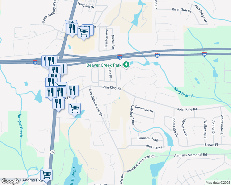 map of restaurants, bars, coffee shops, grocery stores, and more near 190 John King Road in Crestview
