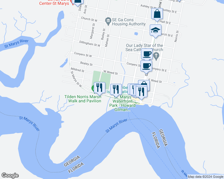map of restaurants, bars, coffee shops, grocery stores, and more near 104 Bartlett Street in Saint Marys