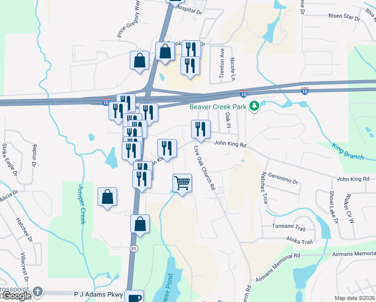 map of restaurants, bars, coffee shops, grocery stores, and more near 202 Southgate Drive in Crestview