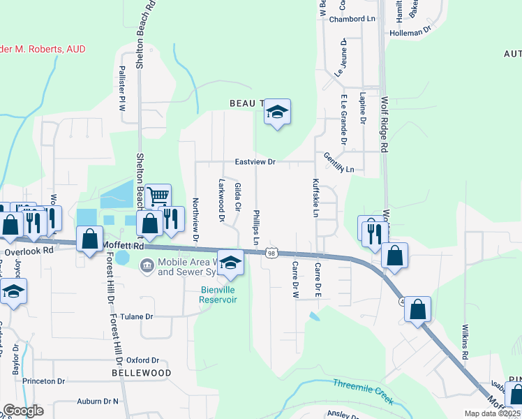 map of restaurants, bars, coffee shops, grocery stores, and more near 4404 Moffett Road in Mobile