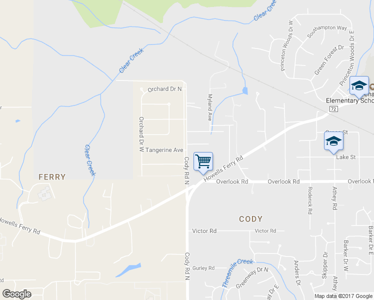 map of restaurants, bars, coffee shops, grocery stores, and more near 1602 Cody Road North in Mobile