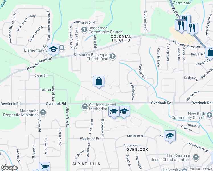 map of restaurants, bars, coffee shops, grocery stores, and more near 6029 Scottsdale Drive in Mobile