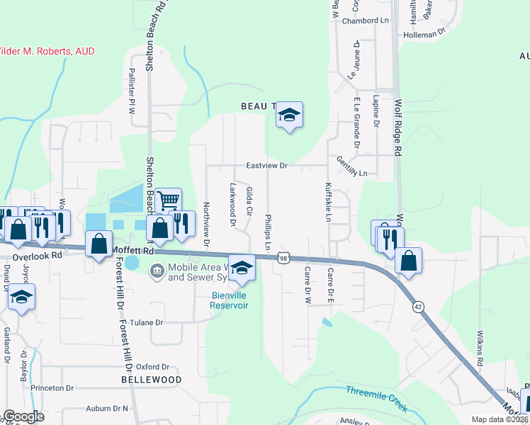 map of restaurants, bars, coffee shops, grocery stores, and more near 1558 Gilda Cir in Mobile